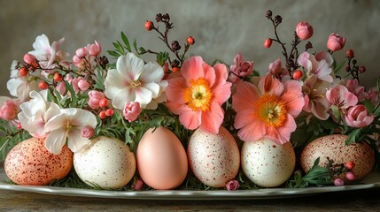 Obraz premium A Dutch-style composition of Easter eggs and spring flowers, showcasing symmetry and balance.