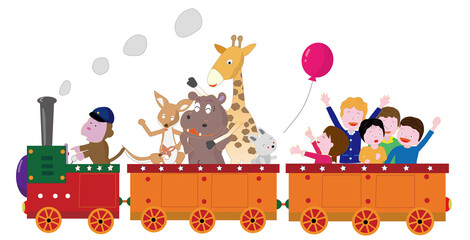 レトロな蒸気機関車に乗って楽しんでいる動物や子供たち。 © shin28