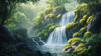 Serene Waterfall in Lush Green Forest