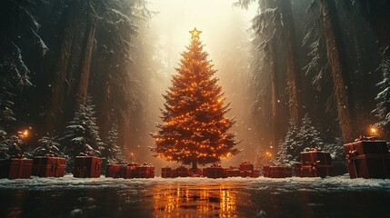 Festive Christmas Tree Under a Shimmering Star: Gift Boxes in a Snowy Winter Forest Landscape