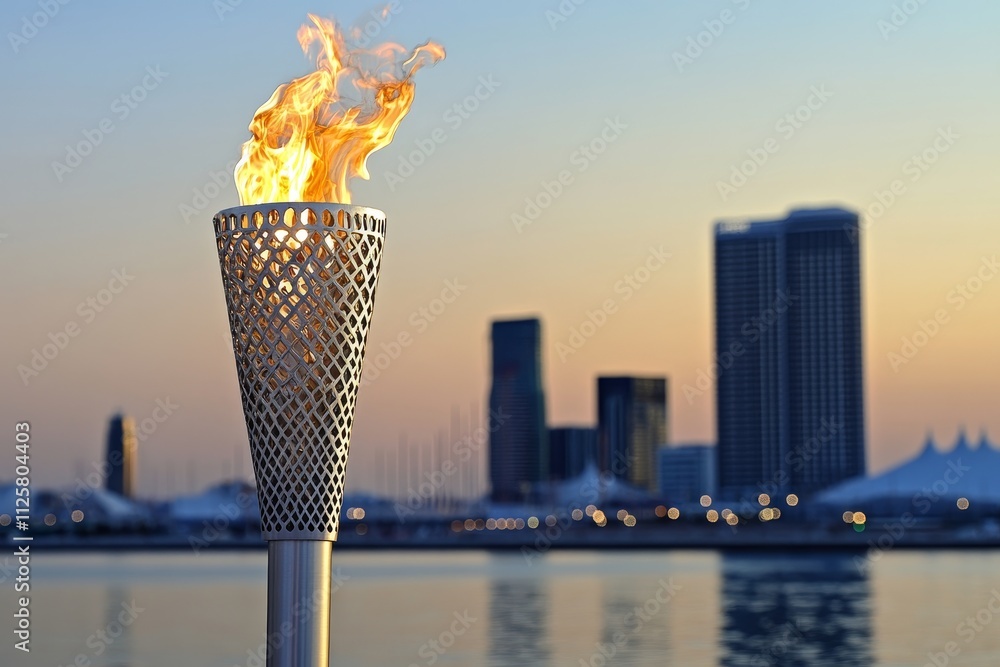 Poster illuminated torch with flickering flame against a serene sunset skyline reflecting on calm water in 