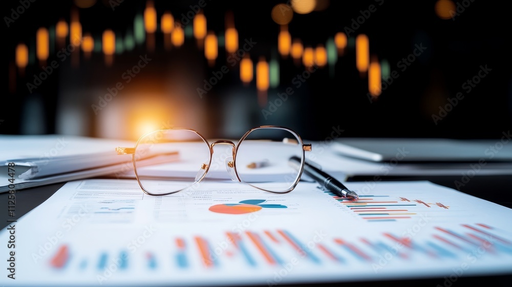 Poster office workspace with glasses on charts and graphs showing business growth and financial analysis fo