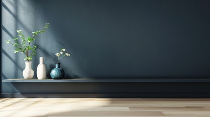 A minimalist interior with a dark navy blue wall, light oak floors