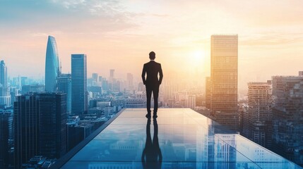 Fototapeta premium A person standing on a rooftop overlooking a city, symbolizing the view from the top of a successful career.