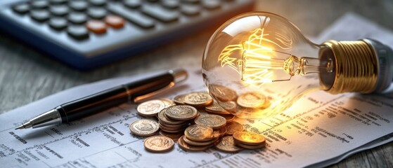 A light bulb, a pen, a calculator and some copper euro cent coins lie on top of an electricity bill