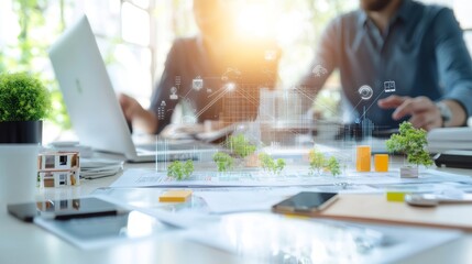 Team of architects discussing sustainable urban planning concepts with digital graphics and models displayed on a desk filled with design tools and devices.