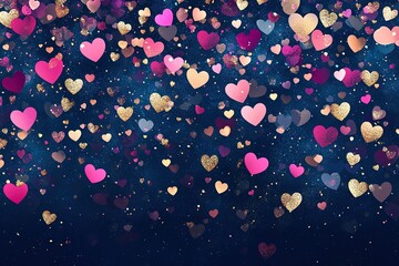 A blue background with a lot of pink hearts scattered all over it