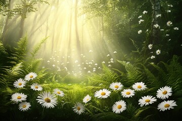 A field of white daisies with the sun shining through the trees
