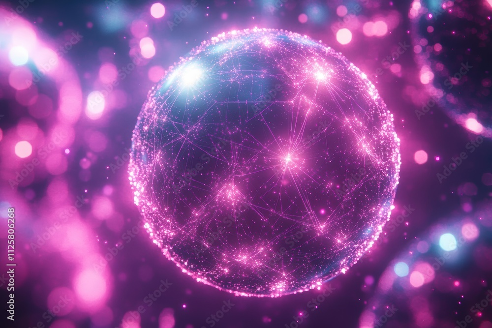 Poster a glowing, abstract representation of interconnected nodes in a spherical form.