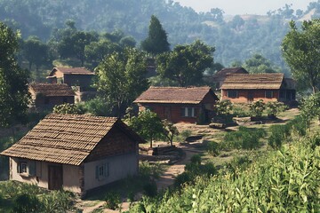 Obraz premium A serene village landscape with traditional houses surrounded by greenery and hills.