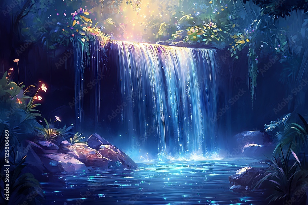 Poster a serene waterfall cascades into a tranquil pool, surrounded by lush greenery and soft light.