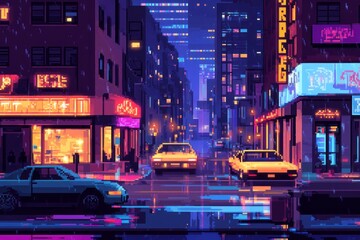 Obraz premium Pixelated urban street scene with 8-bit buildings, pixel cars, streetlights, nighttime setting.Pixelated designs.8-bit pixel art.Retro pixel art.Pixel graphics.Pixel art style.
