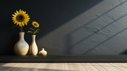 A modern interior featuring a dark charcoal wall, light ash floors