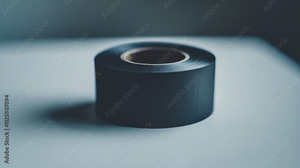 Poster black tape roll on a light surface, showcasing its smooth texture, practical design, and versatile a