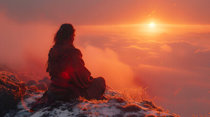 The serene landscape shows a person meditating on a snowy mountain peak at sunrise, surrounded by clouds. This tranquil scene radiates calmness and beauty, creating a peaceful atmosphere