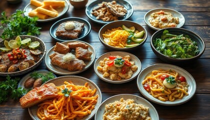 Food background with delicious, appetizing dishes arranged beautifully on a rustic wooden table, complemented by natural light and soft shadows.