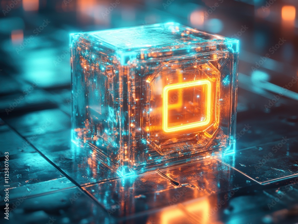 Poster a glowing, futuristic cube with an illuminated design in a digital environment.
