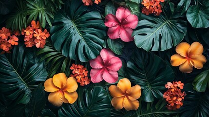 Fototapeta premium Tropical background, lush foliage, bright flowers, vibrant colors, exotic atmosphere.