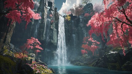 Serene Waterfall in a Pink Blossom Paradise