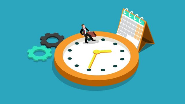 A businessman juggling time management with a clock, calendar, and gears representing productivity 3d animation cartoon