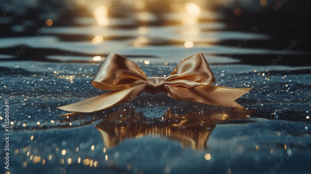 Poster a luxurious golden ribbon is tied in a beautiful bow on a sparkling surface, perfect for creating a 