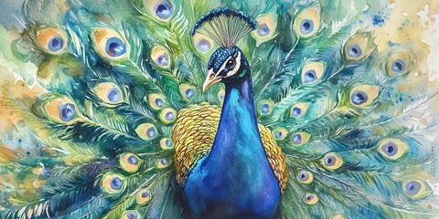 Obraz premium A vibrant watercolor painting of a peacock displaying its colorful feathers.