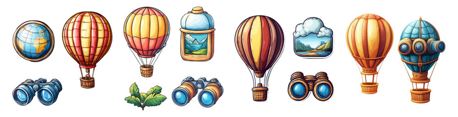 Obraz premium Colorful Hot Air Balloons and Adventure Icons Collection