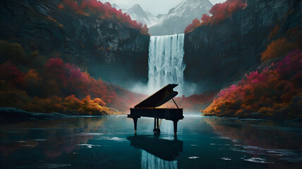 A captivating conceptual illustration of a grand piano, elegantly placed amidst a serene mountain river. The piano, with a sleek black finish and wooden keys, contrasts beautifully 