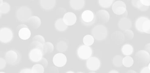 White bokeh, blurred grey background with sparkling lights, blurry glitter effect. Bright soft abstract background. Vector illustration.