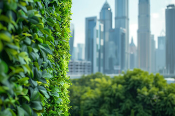 Vertical Green Wall with Vibrant Leaves Overlooking a Modern Urban Skyline with Skyscrapers, Blurred Background and Natural Greenery