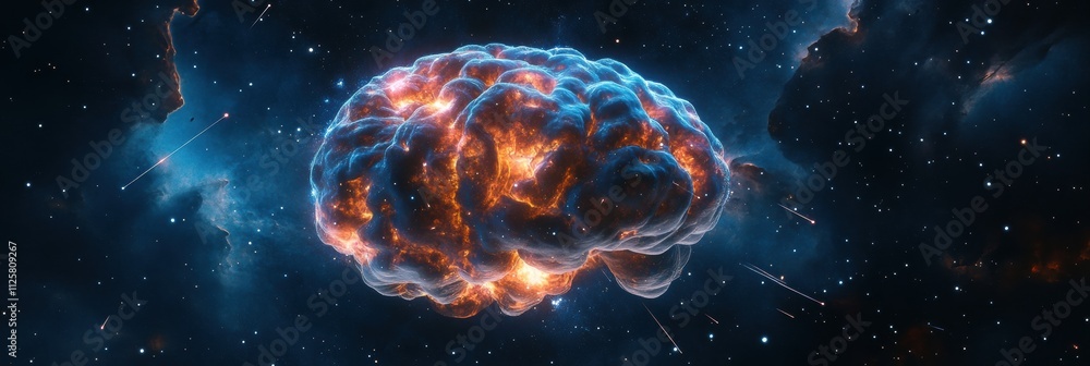 Poster a vibrant cosmic brain made of stars and galaxies floats in deep space, surrounded by shimmering cel