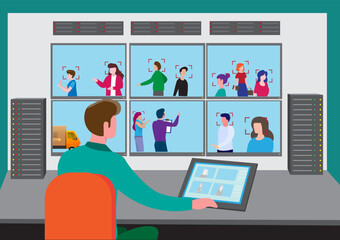 Security guards look at the display on the digital screen. of CCTV with server information