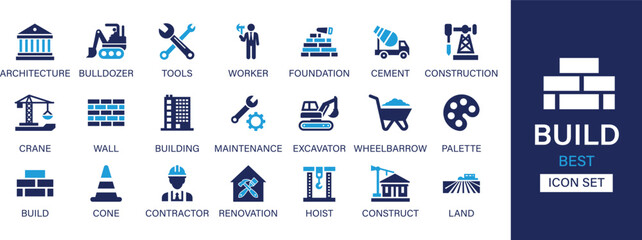 Build best solid icon set collection. Architecture, bulldozer, tools, foundation, cement, construction, crane, wall, building, palette and vector illustration.