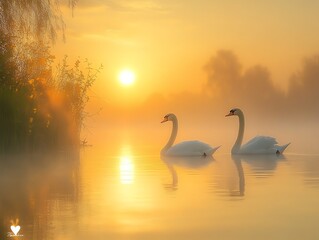 Fototapeta premium Serene sunset with swans gliding on a misty lake, creating a tranquil atmosphere.