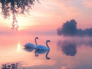 Fototapeta premium Serene swans glide across a misty lake at sunrise, creating a tranquil atmosphere.