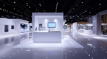 Modern exhibition hall design, showcasing high-quality kitchen utensils on display screens with a technological style atmosphere, highlighting dazzling and innovative cookware and appliances
