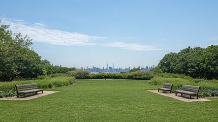 Naklejka premium Serene Park with Benches Overlooking Urban City Skyline