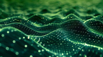 Abstract green digital wave background with glowing particles.