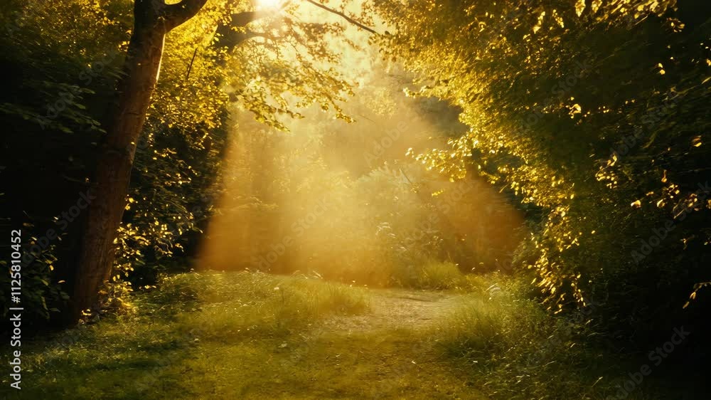 Poster warm golden light streams through trees in a tranquil forest pathway during the late afternoon