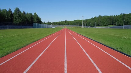 Fototapeta premium Bright Sunny Day on an Empty Athletic Track with Lush Green Grass