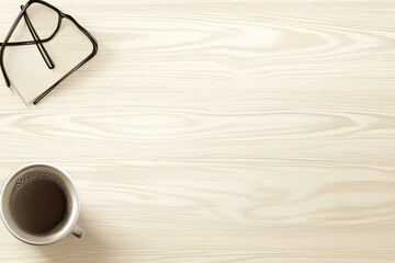 Top view of coffee cup and glasses on wooden desk.
