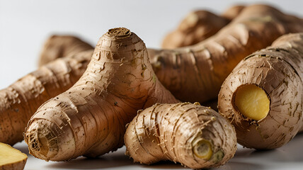 Fresh ginger root isolated on white background, full depth of field
