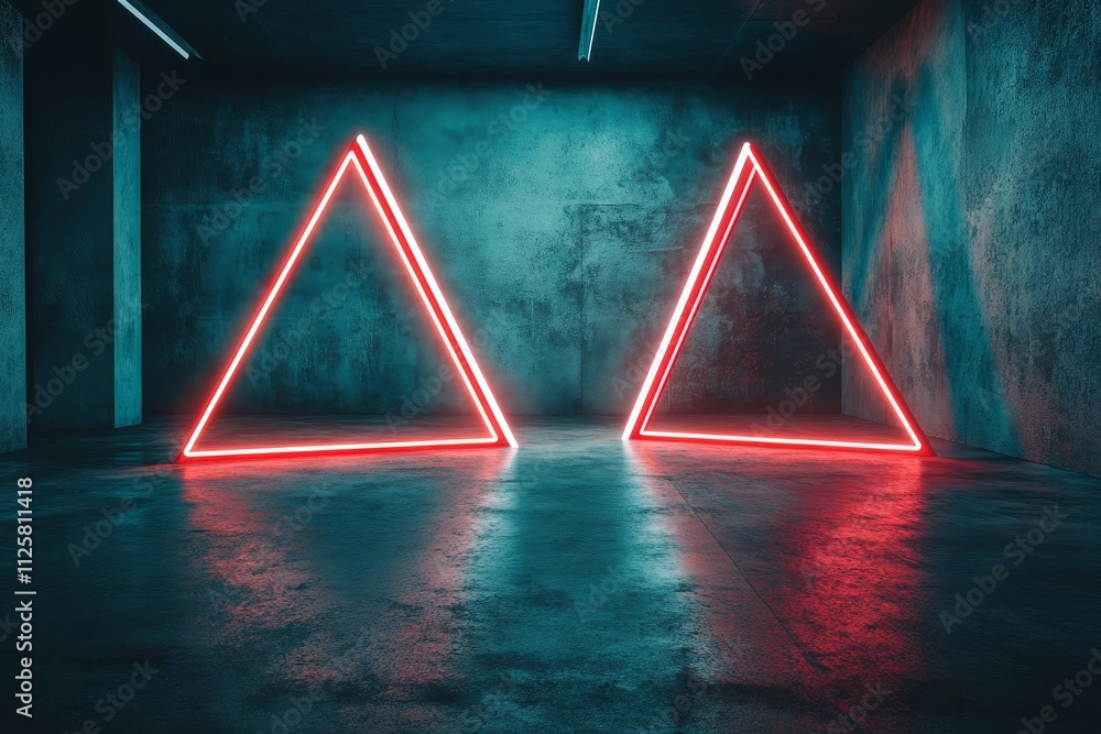 Poster neon light triangles in dark grungy room with moody atmosphere and reflections on wet floor
