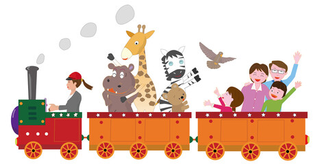 レトロな蒸気機関車に乗って楽しんでいる動物や子供たち。