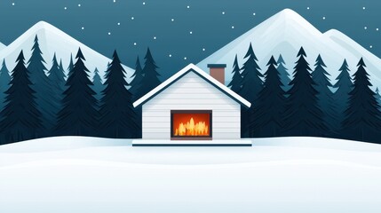 Fototapeta premium Cozy Winter Cabin Surrounded by Snowy Mountains and Pine Trees