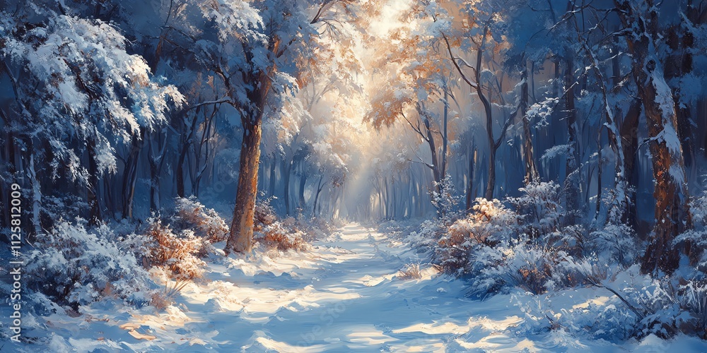 Aufkleber a serene winter landscape with snow-covered trees and soft light filtering through.