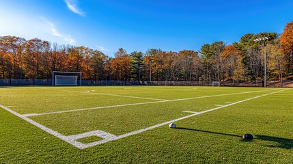 Vibrant Autumn Field with Soccer Goals and Clear Blue Sky
