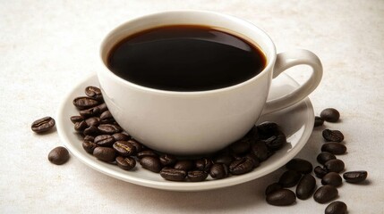 Fototapeta premium Freshly Brewed Coffee Cup Surrounded by Aromatic Coffee Beans