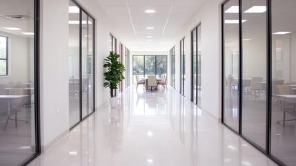 Modern Office Corridor with Glass Walls and Comfortable Seating