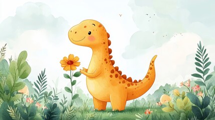 Naklejka premium Cute yellow dinosaur holding a colorful flower in a grassy field, flat illustration in watercolor style with minimal details, simple background, no shadows, and a cute cartoon design, vector clipart.